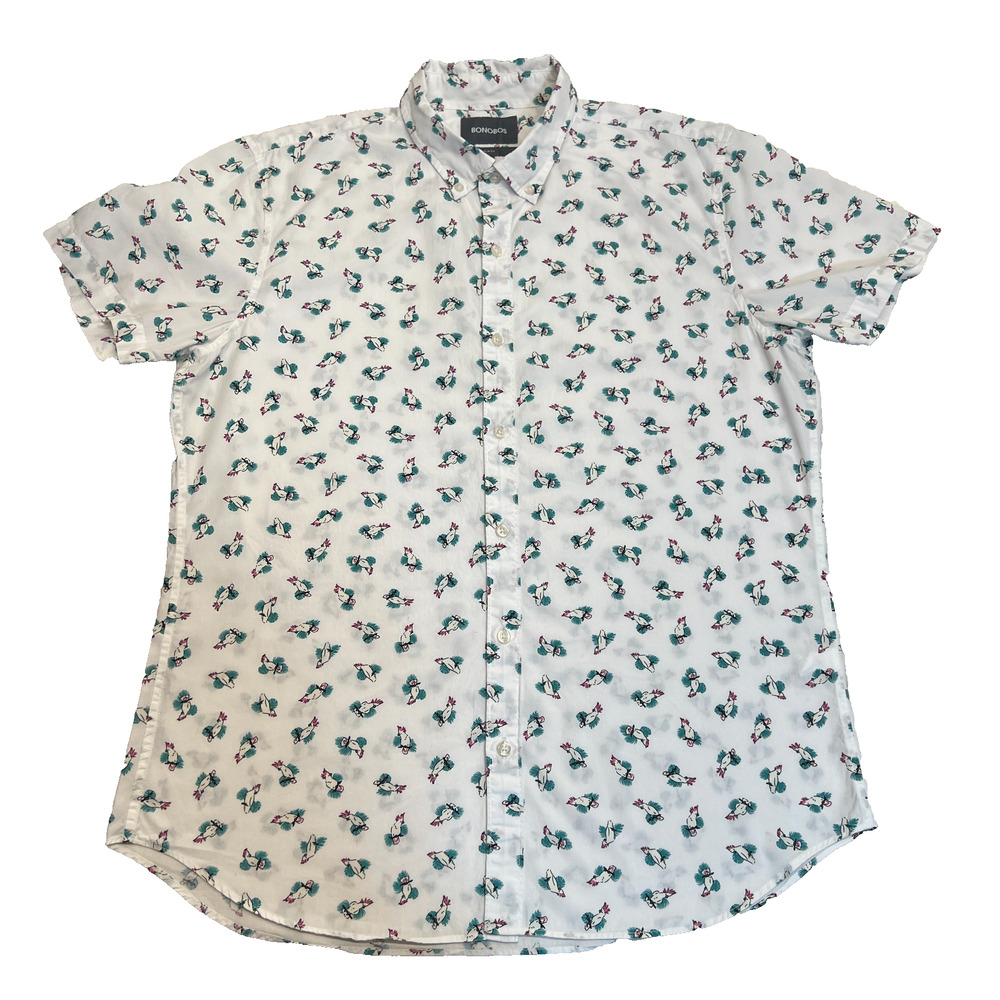 BONOBOS Mens Button Down Short Sleeve Slim Fit Cockatoo Bird White, Sz L